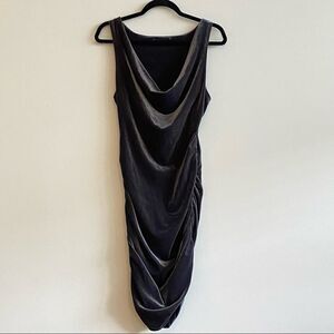 Faded Black Velvet Drape Neck BodyCon Cinched Side Midi Dress Size Medium